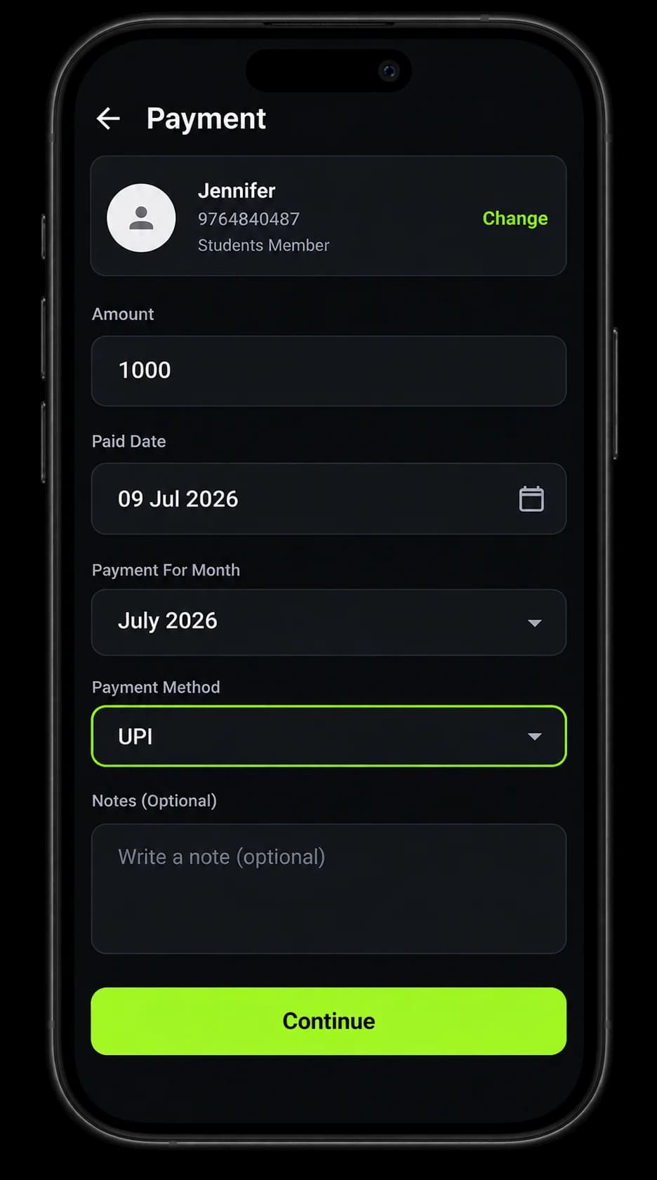 GymLog payment screen for recording a UPI membership payment